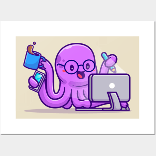 Cute Octopus Multitasking Cartoon Posters and Art